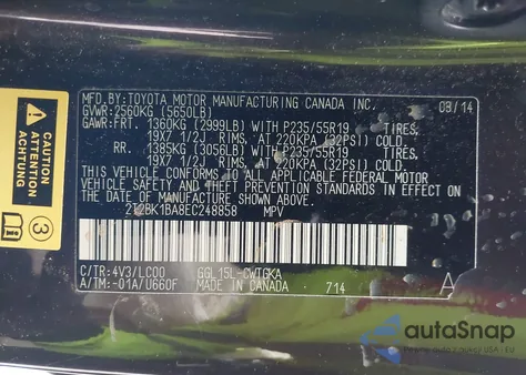 2014 Lexus Rx 350 z USA, uszkodzony, nr VIN 2T2BK1BA8EC248858